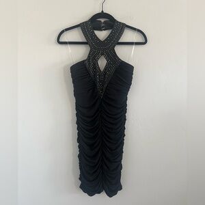 Y2K Crystal Doll Black Ruched Mini Dress with Rhinestone Halter Neckline